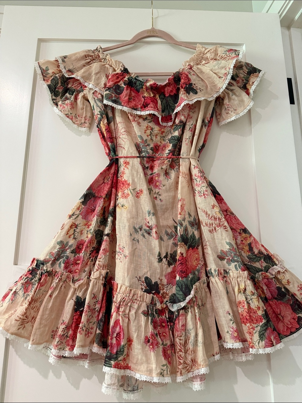 Zimmermann Cream Floral Ruffled Mini Dress with Red Roses - AU1/US 4-6 - Picture 7 of 8